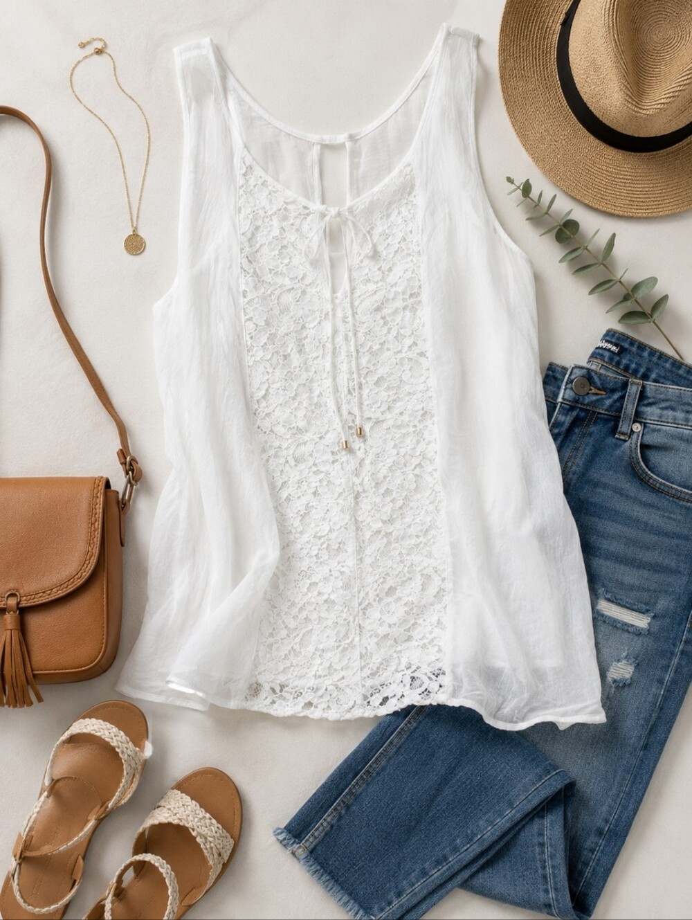 Keysha Made in Italy White Sheer Lace-Front Blouse Medium – Lined Boho Tank Top